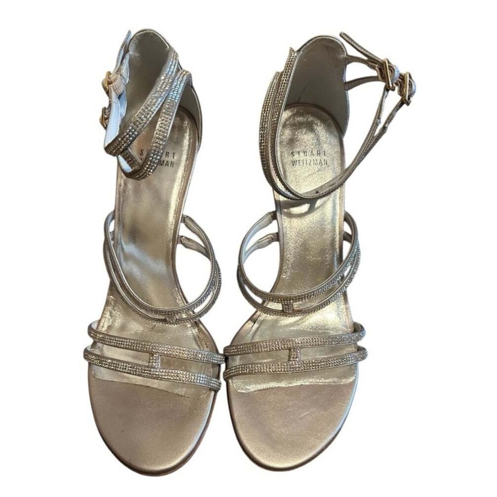 Stuart Weitzman Stops Traffic Gold Strappy Sandals Crystal Detail Size 9.5